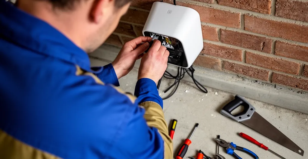 Technicien installant une borne de recharge murale dans un garage