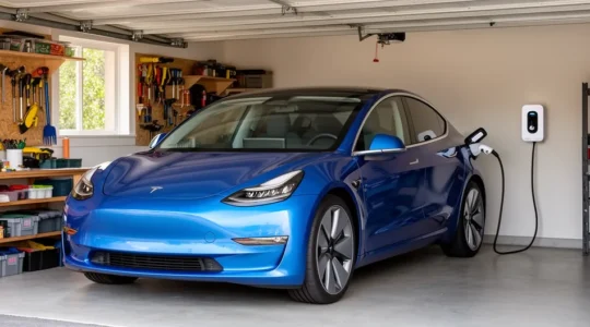 Véhicule électrique branché à une borne murale dans un garage résidentiel