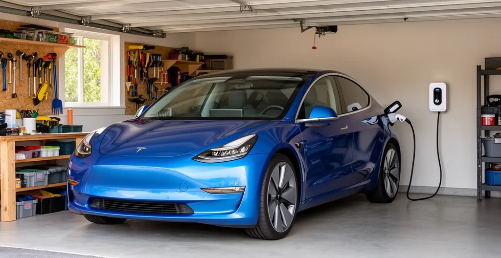 Véhicule électrique branché à une borne murale dans un garage résidentiel