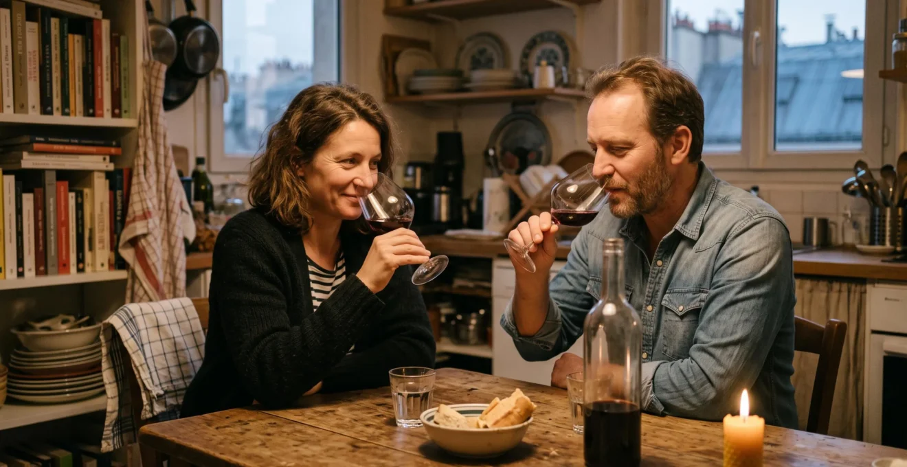 Un couple déguste du vin à la maison avec le même verre universel.