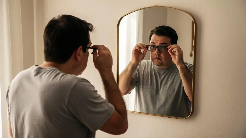 Un homme au visage rond essaie une monture ovale devant un miroir.