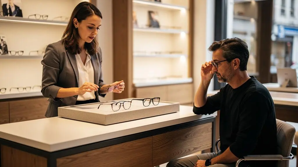 Un opticien présente plusieurs montures à un client dans une boutique.