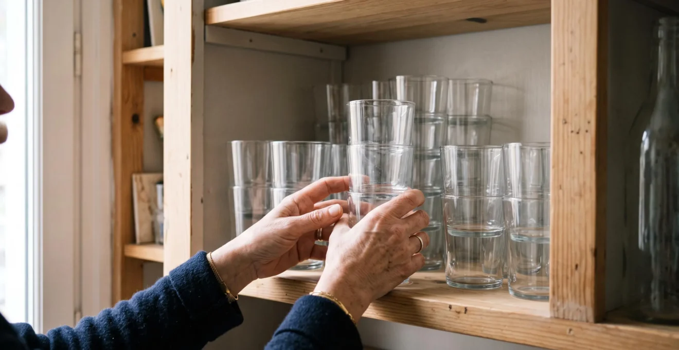Des mains rangent des verres universels identiques dans un placard de cuisine compact.