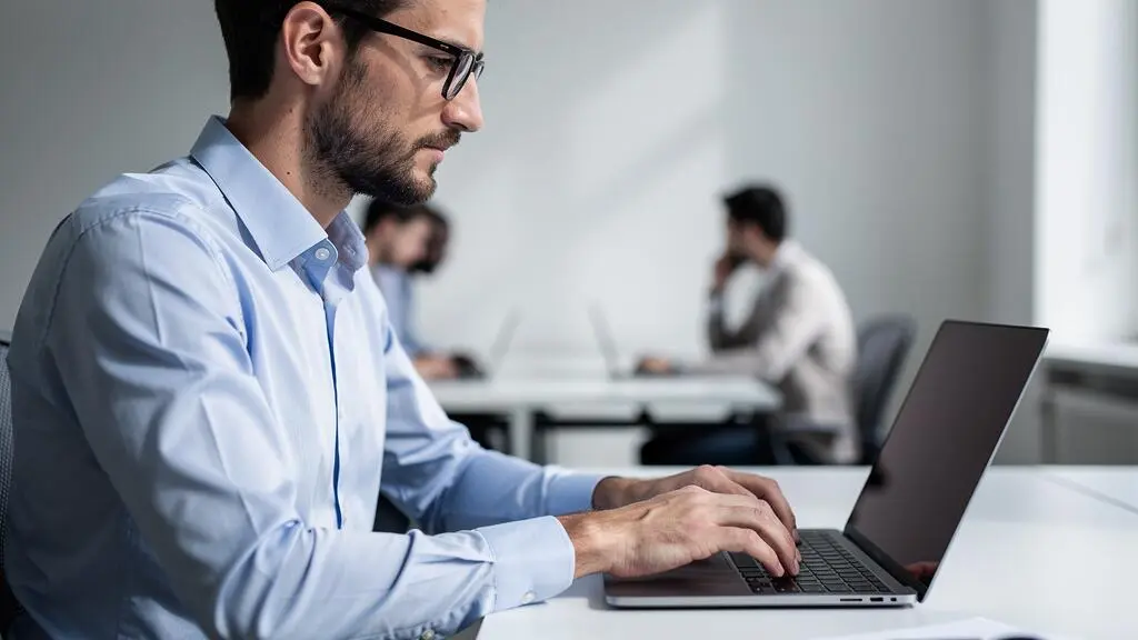 Un salarié portant des lunettes rectangle travaille sur ordinateur dans un bureau.