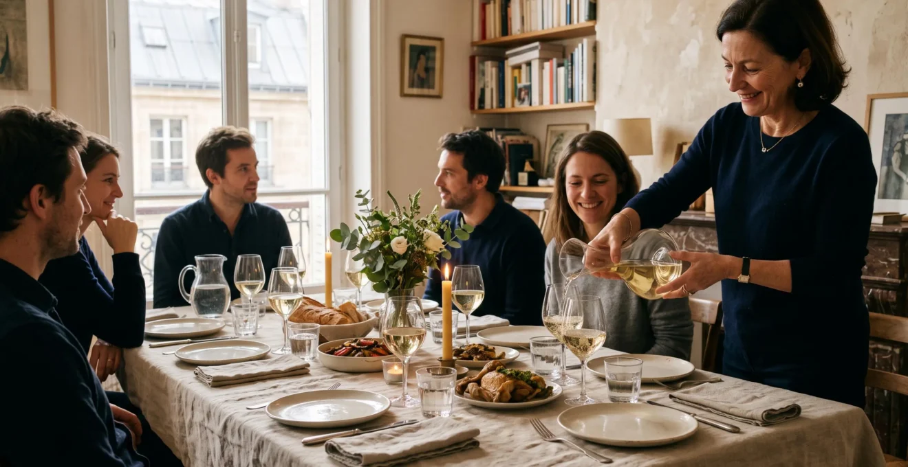 Une table dressée avec des verres universels identiques et une hôtesse versant du vin.