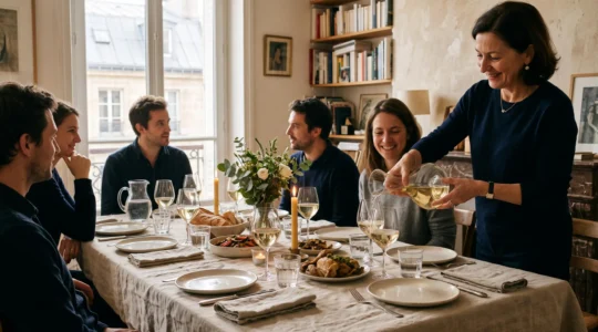 Une table dressée avec des verres universels identiques et une hôtesse versant du vin.