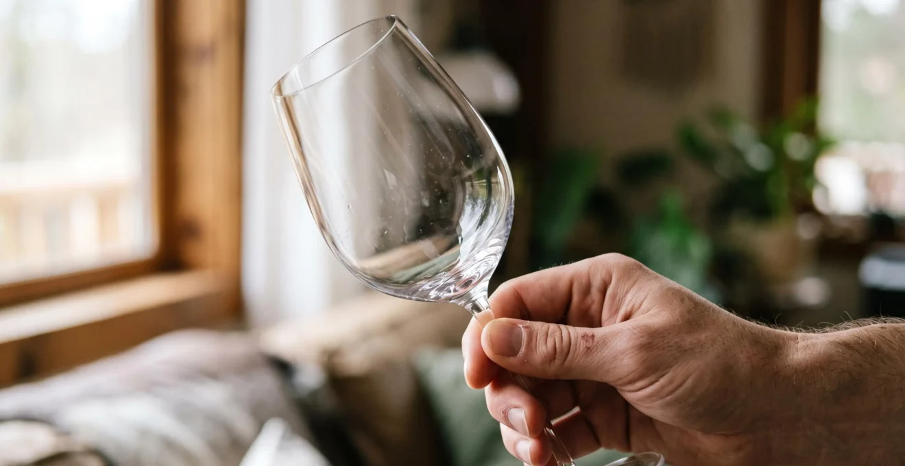 Une main tient un verre universel en cristallin fin à la lumière du jour.